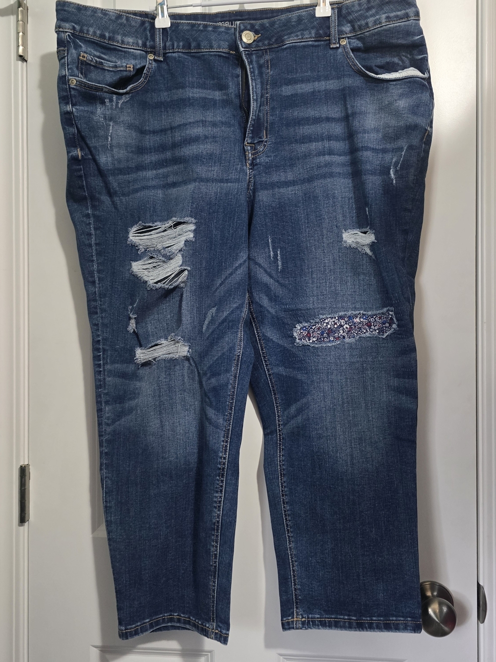 Maurices Distressed Dark Blue Boyfriend Jeans with Patch Detail